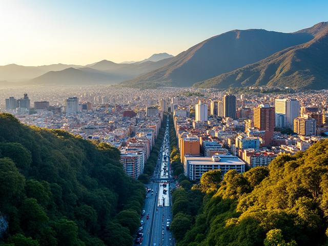 Vista aérea colorida de Bogotá, Colombia, con arquitectura moderna y montañas al fondo