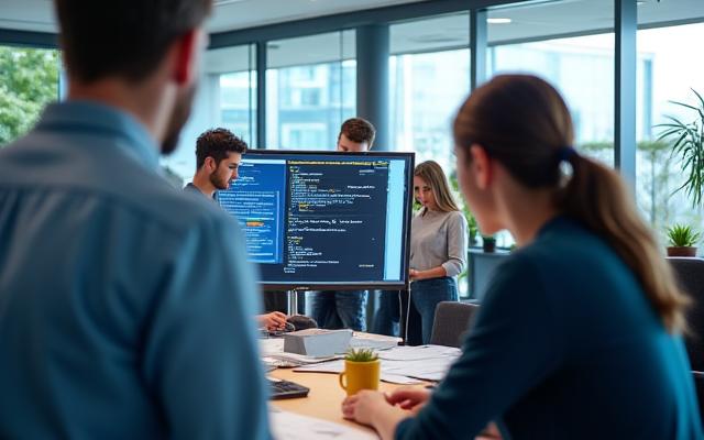 Un equipo diverso colaborando en una oficina moderna con pantallas y diagramas